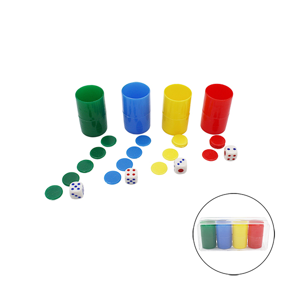 Pack 4 cubiletes con fichas de parchís y dados